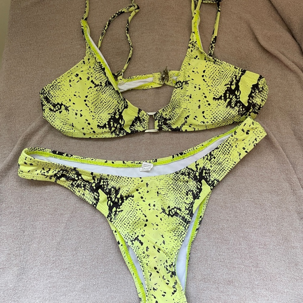 Neon yellow snakeskin bikini with  thong bottoms